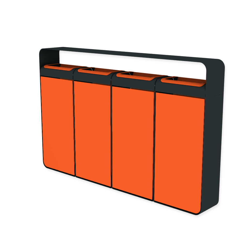 Die Abb. zeigt den EGOÉ Recycling Abfallbehälter I20 mit Dach - 4x45 Liter mit Farbe Rahmen Anthrazitgrau (RAL 7016) und Farbe Korpus Hellrotorange (RAL 2008).