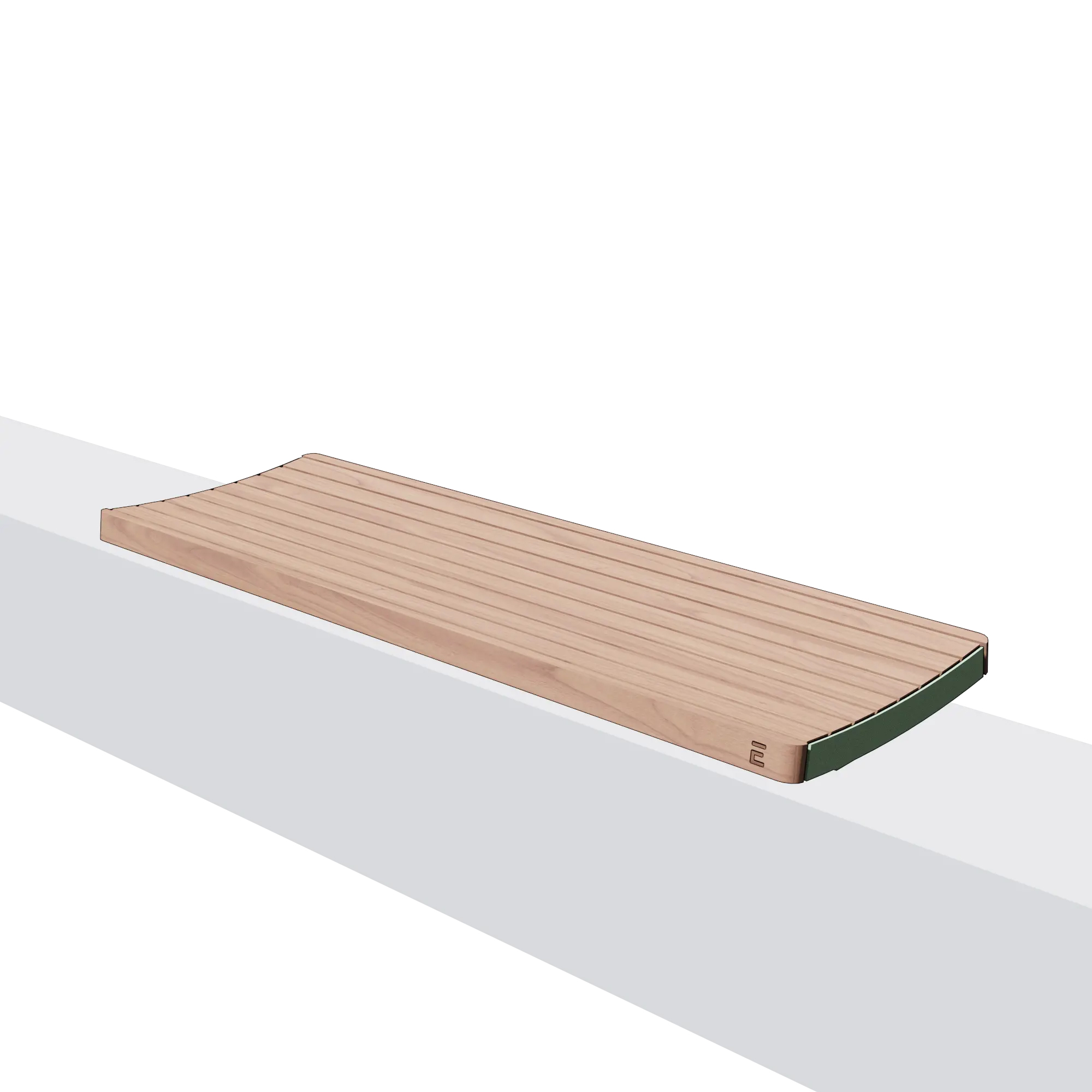 Die Abb. zeigt die EGOÉ Bank I1 für Sockelmontage ohne Rückenlehne, mit Holz aus Robinie Natur und Gestell in Weißgrün (RAL 6019).