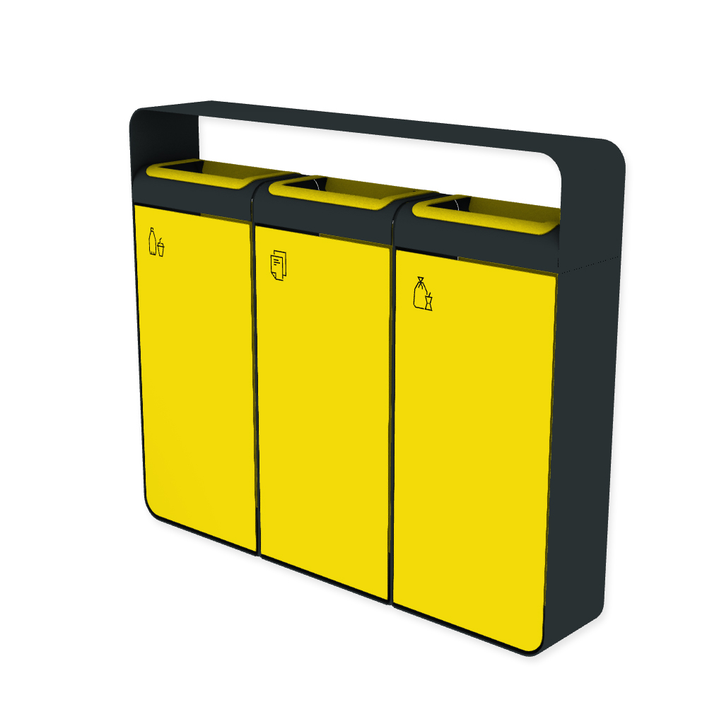 Die Abb. zeigt den EGOÉ Recycling Abfallbehälter I20 mit Piktogrammen,  Dach - 3x45 Liter mit Piktogrammen,  Farbe Rahmen Anthrazitgrau (RAL 7016) und Farbe Korpus Rapsgelb (RAL 1021).