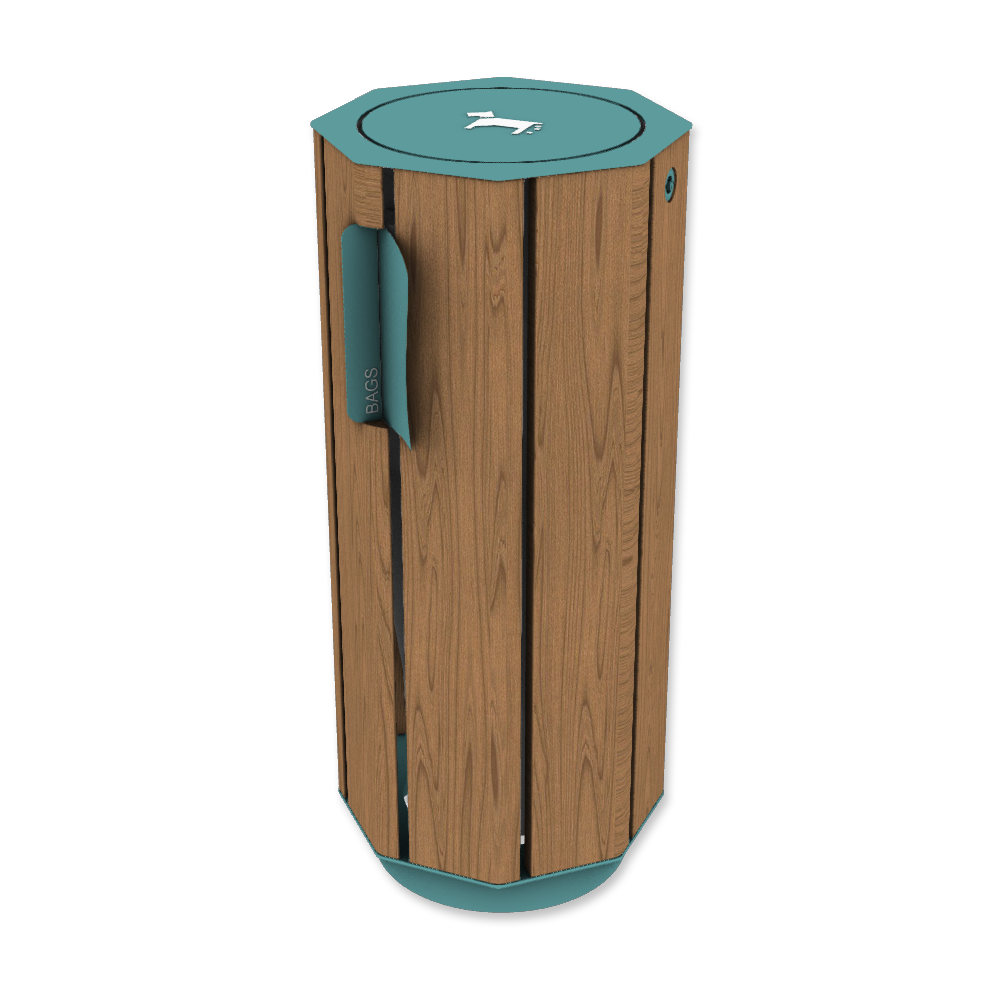 Die Abb. zeigt den Abfallbehälter A20 aus Holz mit Hundekotbeutelspender, in Pastellblau (RAL 5024) mit Jatoba geölt.