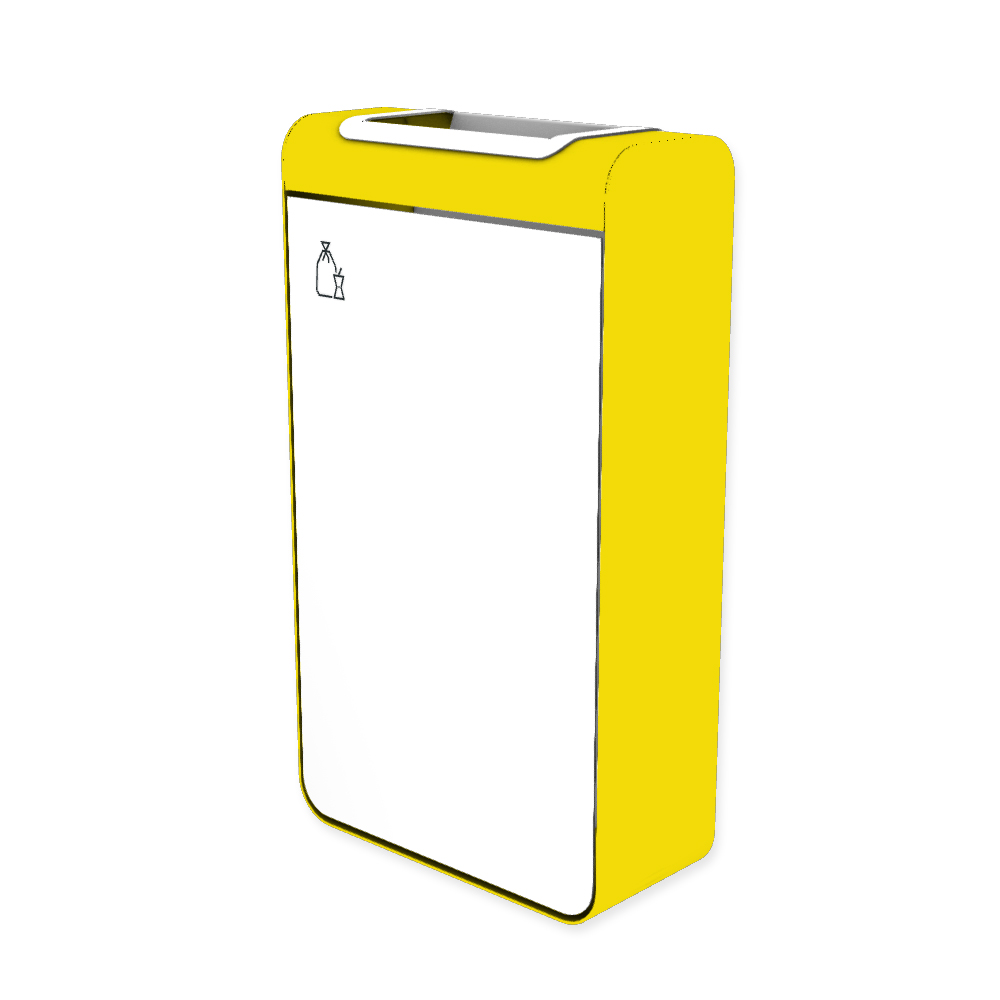 Die Abb. zeigt den EGOÉ Abfallbehälter I20 - 60 Liter mit Piktogramm Restmüll, Farbe Rahmen Rapsgelb (RAL 1021) und Farbe Korpus Reinweiß (RAL 9010).