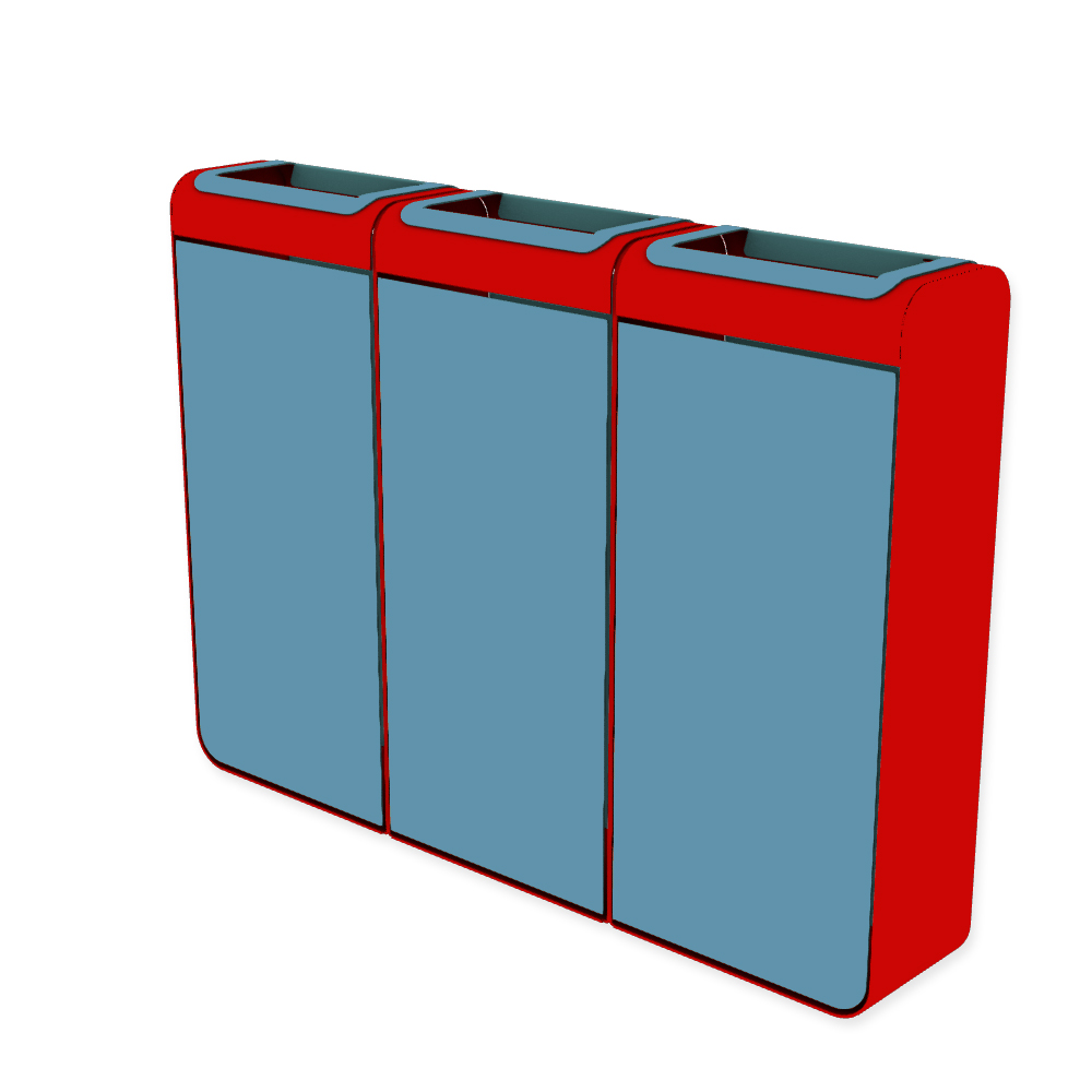 Die Abb. zeigt den EGOÉ Recycling Abfallbehälter I20 - 3x45 Liter mit Farbe Rahmen Verkehrsrot (RAL 3020) und Farbe Korpus Pastellblau (RAL 5024).