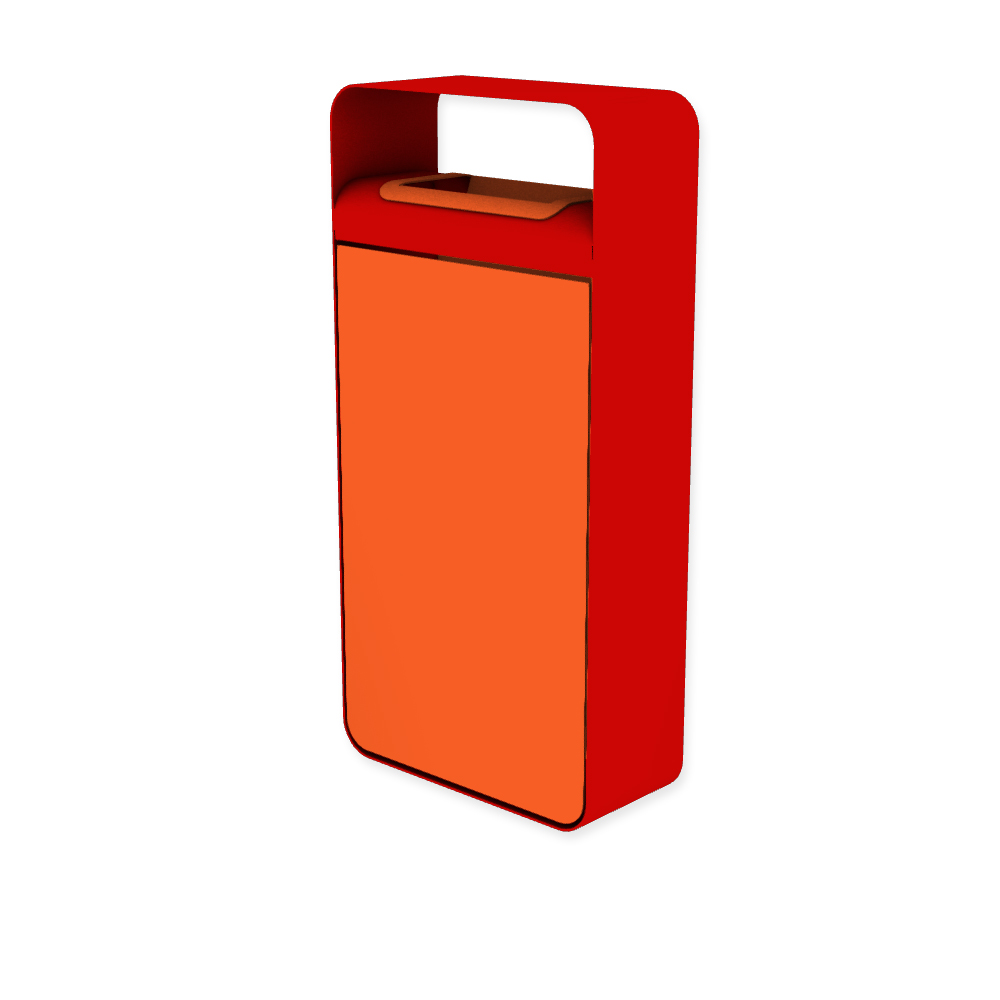 Die Abb. zeigt den EGOÉ Abfallbehälter I20 mit Dach - 60 Liter mit Farbe Rahmen Verkehrsrot (RAL 3020) und Farbe Korpus Hellrotorange (RAL 2008).