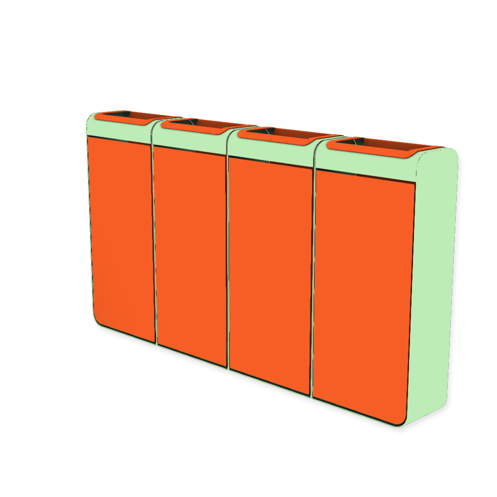 Die Abb. zeigt den EGOÉ Recycling Abfallbehälter I20 - 4x45 Liter mit Farbe Rahmen Weißgrün (RAL 6019) und Farbe Korpus Hellrotorange (RAL 2008).