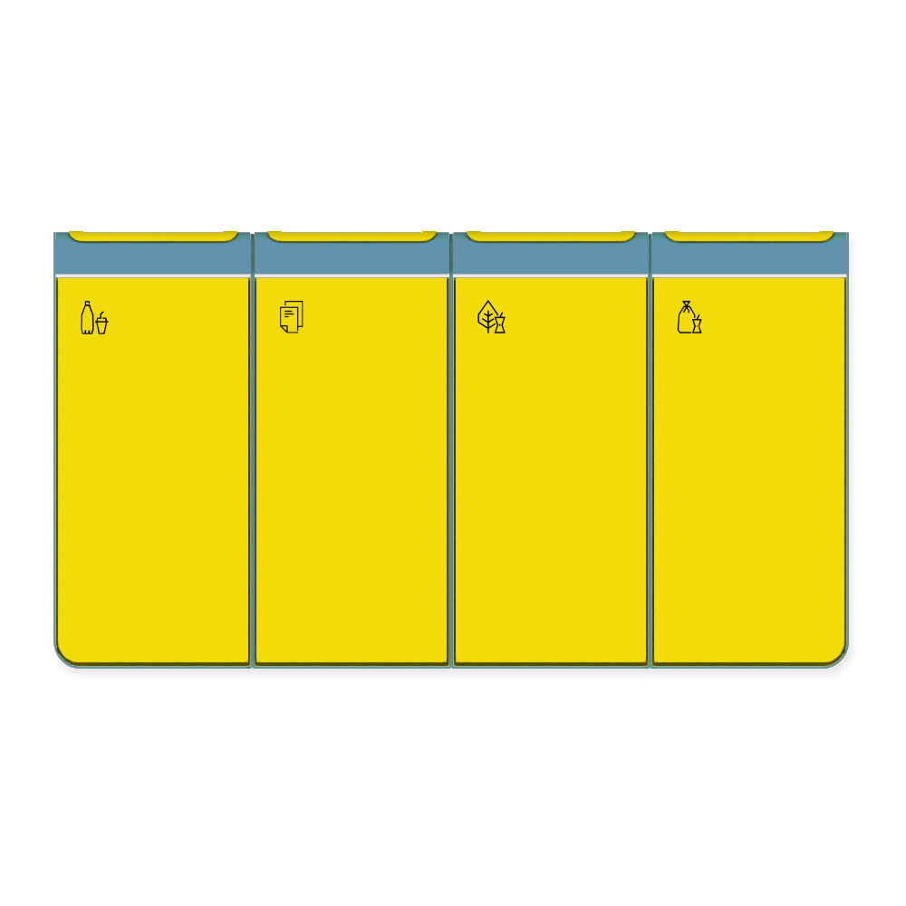Die Abb. zeigt den EGOÉ Recycling Abfallbehälter I20 - 4x45 Liter mit Piktogrammen, Farbe Rahmen Pastellblau (RAL 5024) und Farbe Korpus Rapsgelb (RAL 1021).