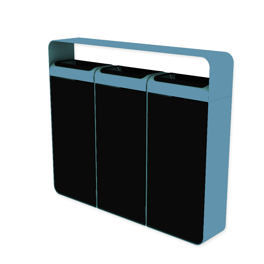 Die Abb. zeigt den EGOÉ Recycling Abfallbehälter I20 mit Piktogrammen,  Dach - 3x45 Liter mit Piktogrammen,  Farbe Rahmen Pastellblau (RAL 5024) und Farbe Korpus Tiefschwarz (RAL 9005).
