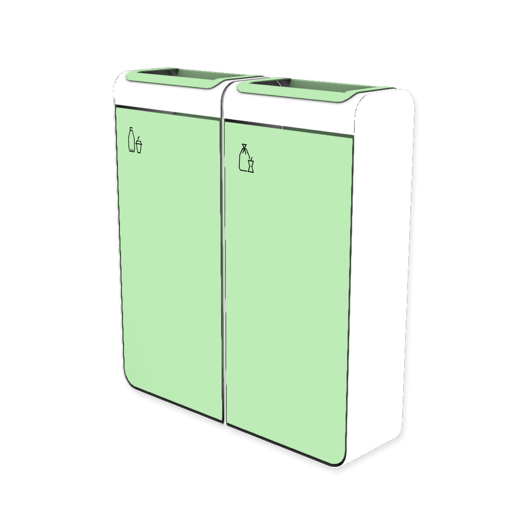 Die Abb. zeigt den EGOÉ Recycling Abfallbehälter I20 - 2x45 Liter mit Piktogrammen Kunststoff-Restmüll,  Farbe Rahmen Reinweiß (RAL 9010) und Farbe Korpus Weißgrün (RAL 6019).