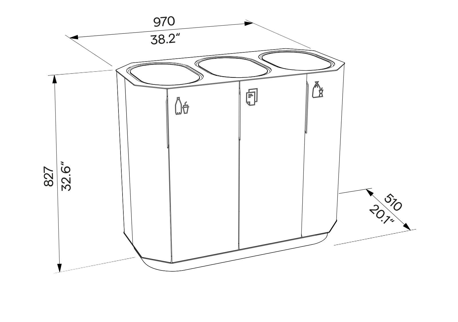 Die Abb. zeigt die technischen Daten des EGOÉ 3er Recycling-Abfallbehälters A20 Aluminium, oval.