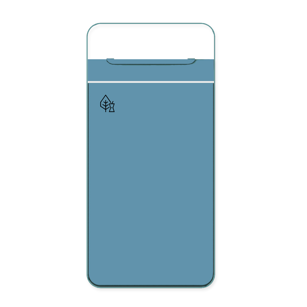 Die Abb. zeigt die Vorderseite des EGOÉ Abfallbehälters I20 mit Piktogramm Biomüll, Dach - 60 Liter mit Piktogramm Biomüll, Farbe Rahmen Pastellblau (RAL 5024) und Farbe Korpus Pastellblau (RAL 5024).