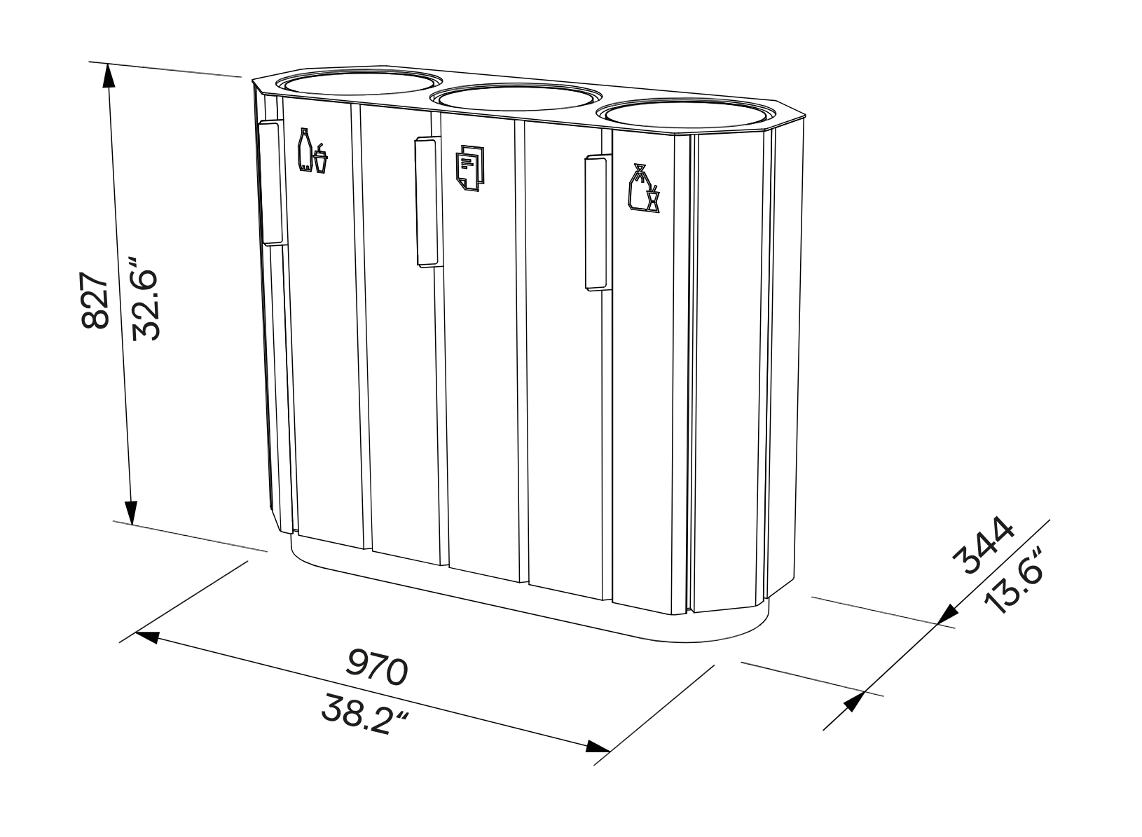 Die Abb. zeigt die technischen Daten des EGOÉ 3er Recycling-Abfallbehälters A20, rund.