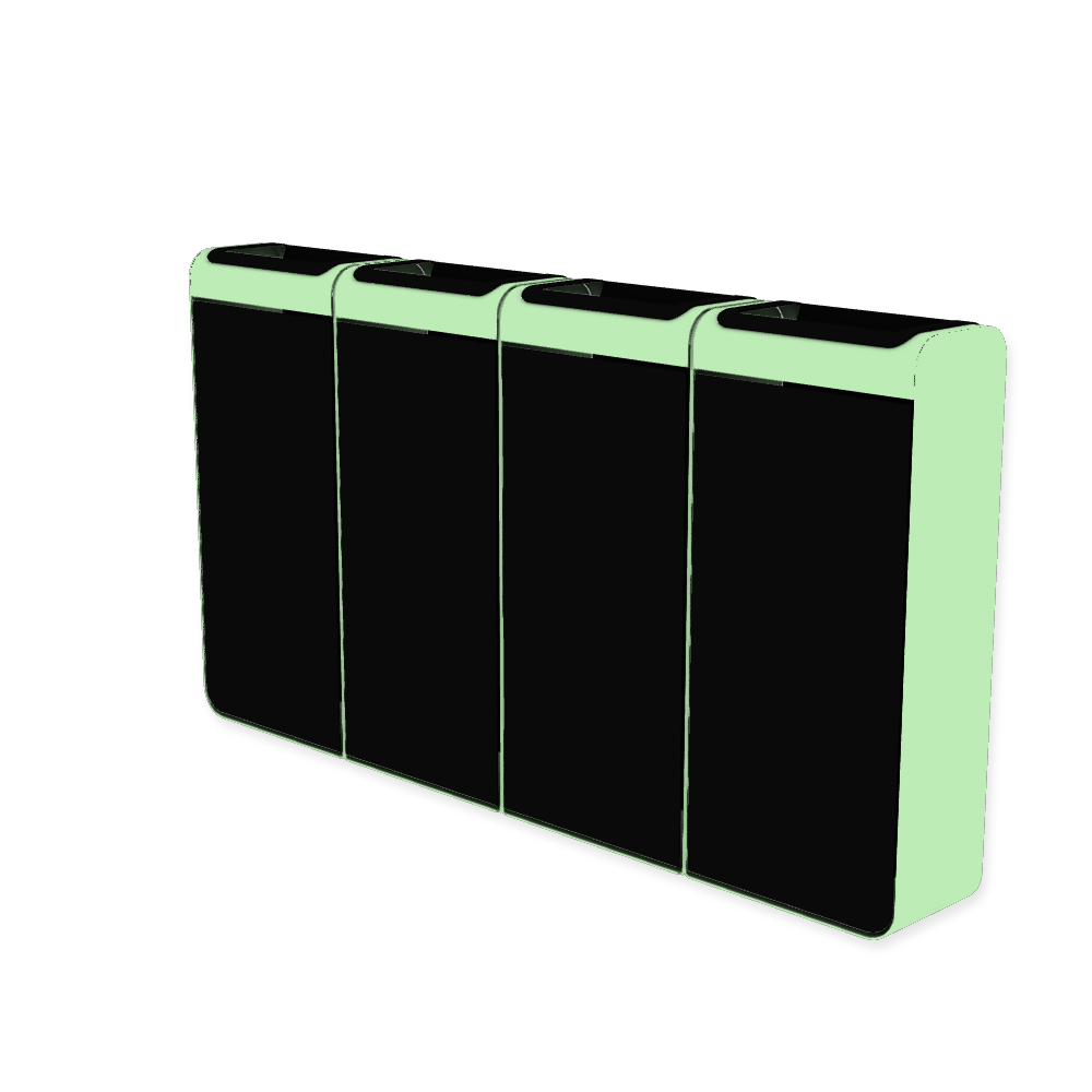Die Abb. zeigt den EGOÉ Recycling Abfallbehälter I20 - 4x45 Liter mit Farbe Rahmen Weißgrün (RAL 6019) und Farbe Korpus Tiefschwarz (RAL 9005).