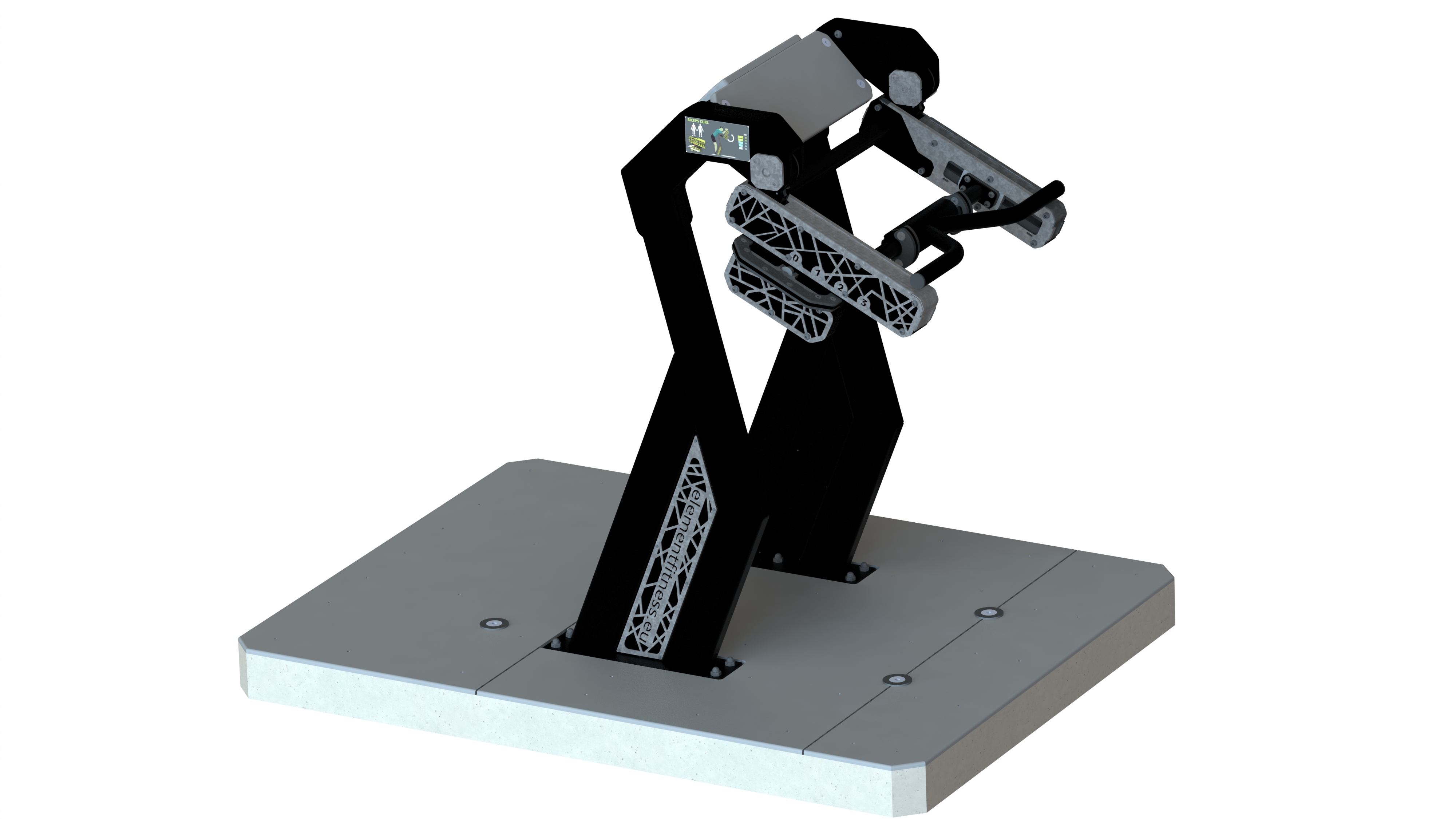 Die Abb. zeigt die Bizeps-Curl-Maschine des Alpha Steel Sets mit Bodenplatten.