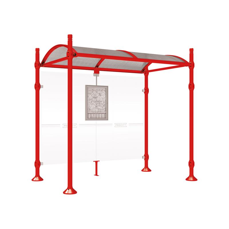 Wartehalle Province aus Sicherheitsglas - Kopfmodell: Zylinder, Breite: 2500 mm, Verkleidung: Ohne Seitenverkleidungen, Farbe: Verkehrsrot (RAL 3020)