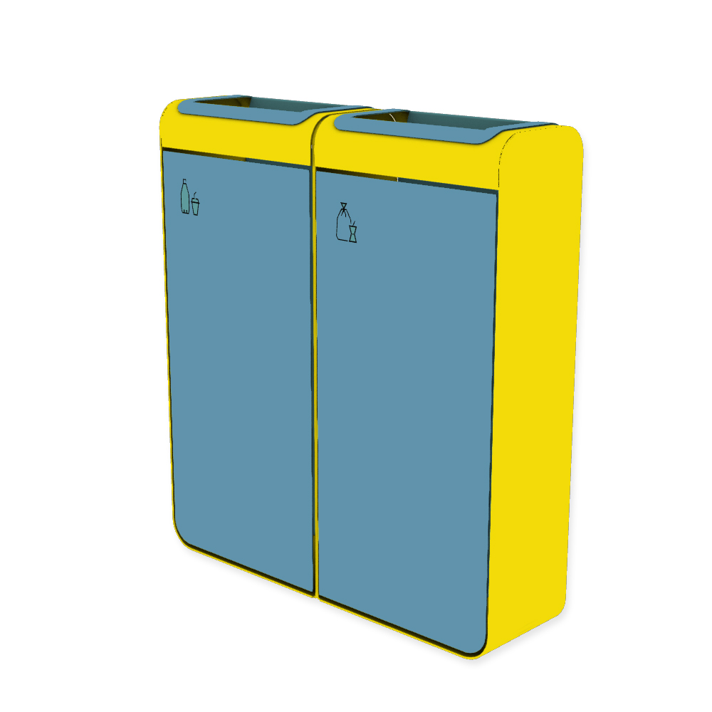 Die Abb. zeigt den EGOÉ Recycling Abfallbehälter I20 - 2x45 Liter mit Piktogrammen Kunststoff-Restmüll,  Farbe Rahmen Rapsgelb (RAL 1021) und Farbe Korpus Pastellblau (RAL 5024).