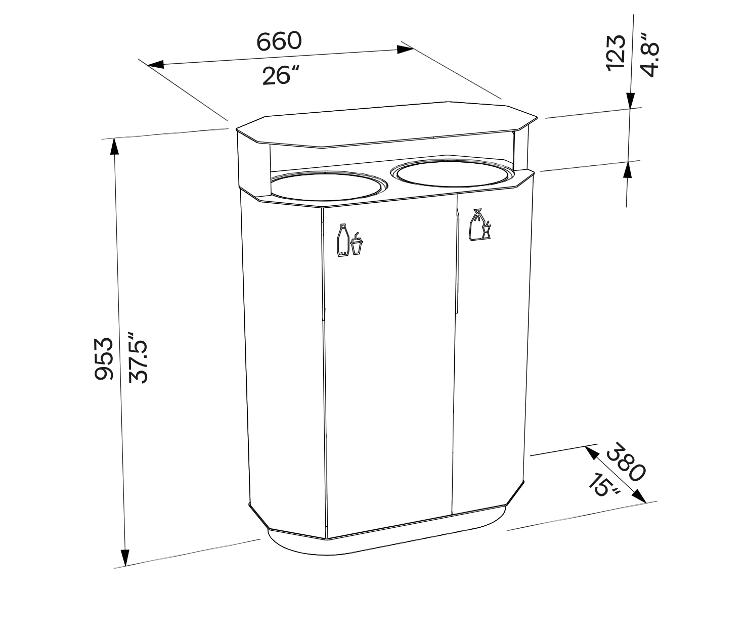 Die Abb. zeigt die technischen Daten des EGOÉ 2er Recycling-Abfallbehälters A20 Aluminium mit Stahldach, rund.