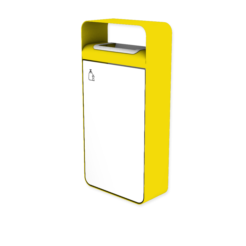 Die Abb. zeigt den EGOÉ Abfallbehälter I20 mit Piktogramm Restmüll, Dach - 60 Liter mit Piktogramm Restmüll, Farbe Rahmen Rapsgelb (RAL 1021) und Farbe Korpus Reinweiß (RAL 9010).