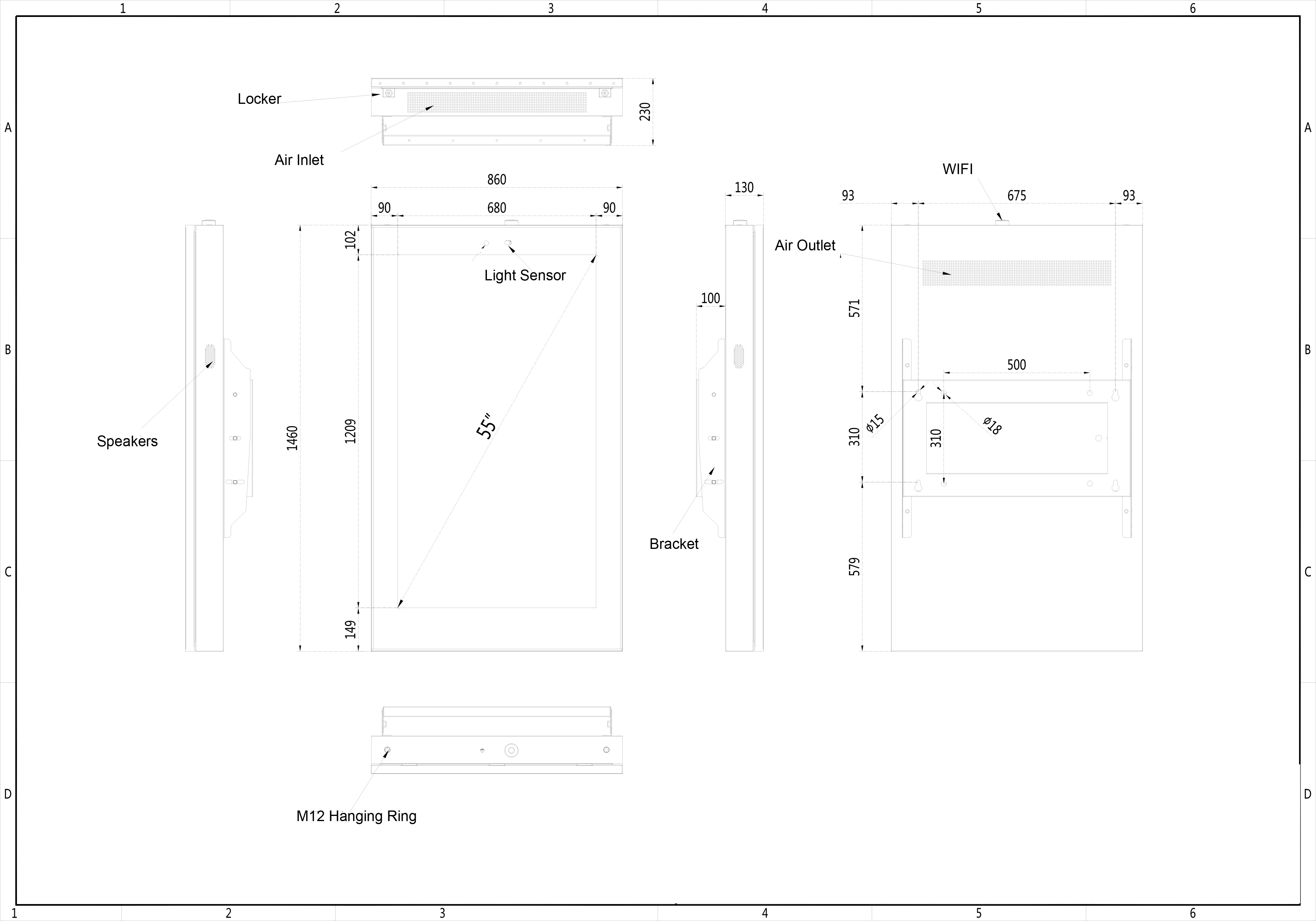 Die Abb. zeigt die Maßskizze des Outdoordisplays zur Wandmontage vertikal in 55".