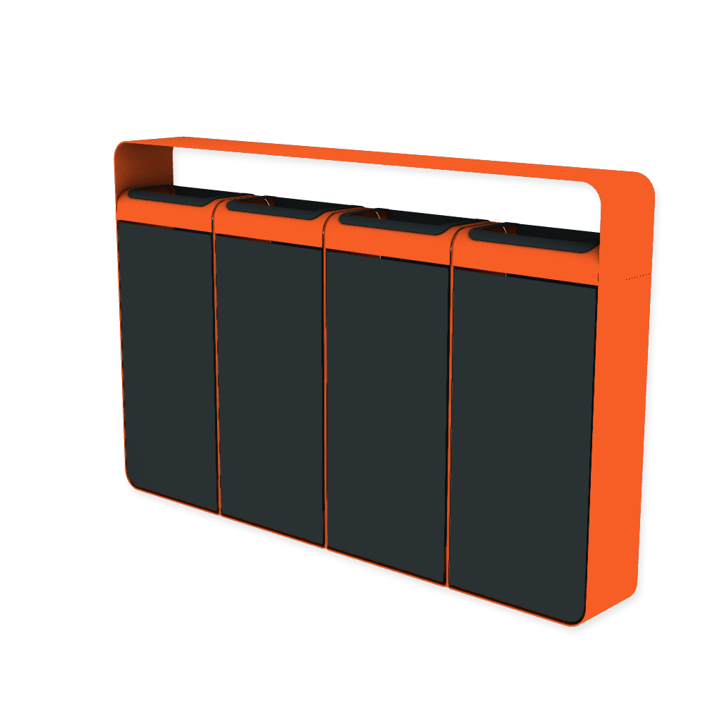 Die Abb. zeigt den EGOÉ Recycling Abfallbehälter I20 mit Dach - 4x45 Liter mit Farbe Rahmen Hellrotorange (RAL 2008) und Farbe Korpus Anthrazitgrau (RAL 7016).