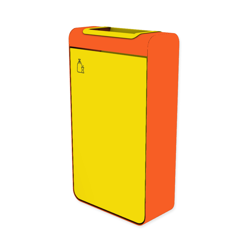 Die Abb. zeigt den EGOÉ Abfallbehälter I20 - 60 Liter mit Piktogramm Restmüll, Farbe Rahmen Hellrotorange (RAL 2008) und Farbe Korpus Rapsgelb (RAL 1021).