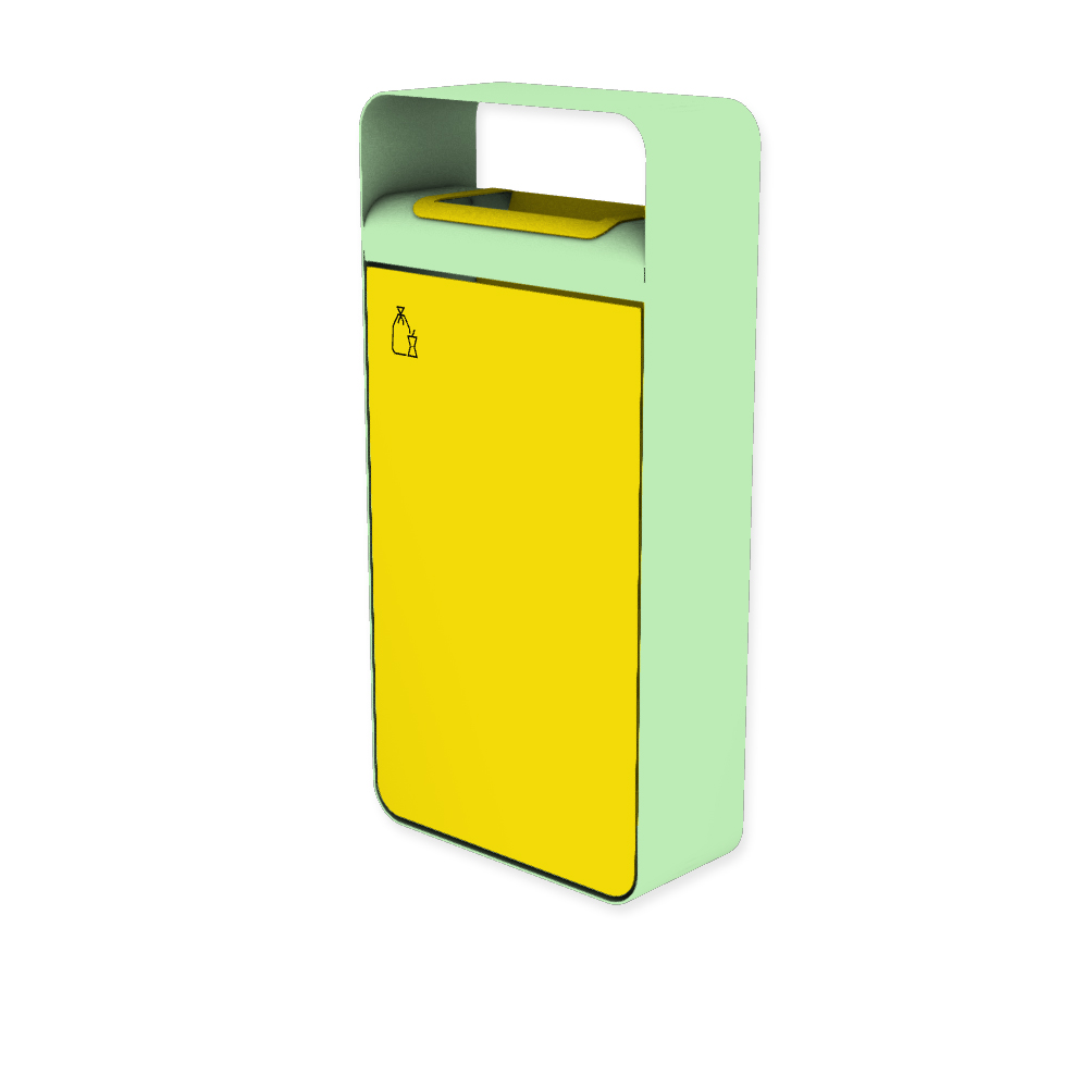Die Abb. zeigt den EGOÉ Abfallbehälter I20 mit Piktogramm Restmüll, Dach - 60 Liter mit Piktogramm Restmüll, Farbe Rahmen Weißgrün (RAL 6019) und Farbe Korpus Rapsgelb (RAL 1021).