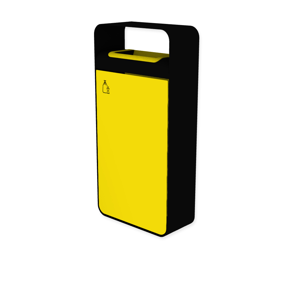 Die Abb. zeigt den EGOÉ Abfallbehälter I20 mit Piktogramm Restmüll, Dach - 60 Liter mit Piktogramm Restmüll, Farbe Rahmen Tiefschwarz (RAL 9005) und Farbe Korpus Rapsgelb (RAL 1021).
