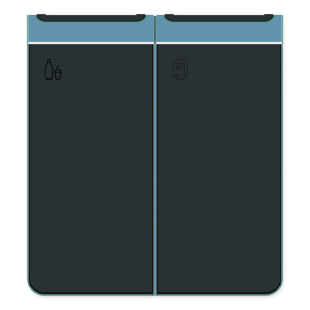 Die Abb. zeigt den EGOÉ Recycling Abfallbehälter I20 - 2x45 Liter mit Piktogrammen Kunststoff-Papier, Farbe Rahmen Pastellblau (RAL 5024) und Farbe Korpus Anthrazitgrau (RAL 7016).