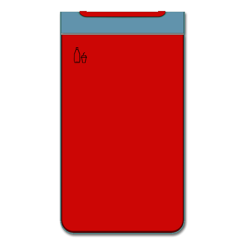 Die Abb. zeigt die Vorderseite des EGOÉ Abfallbehälters I20 - 60 Liter mit Piktogramm Kunststoff, Farbe Rahmen Pastellblau (RAL 5024) und Farbe Korpus Verkehrsrot (RAL 3020).