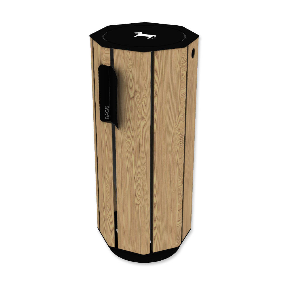 Die Abb. zeigt den Abfallbehälter A20 aus Holz mit Hundekotbeutelspender, in Tiefschwarz (RAL 9005) mit Thermoesche Natur.