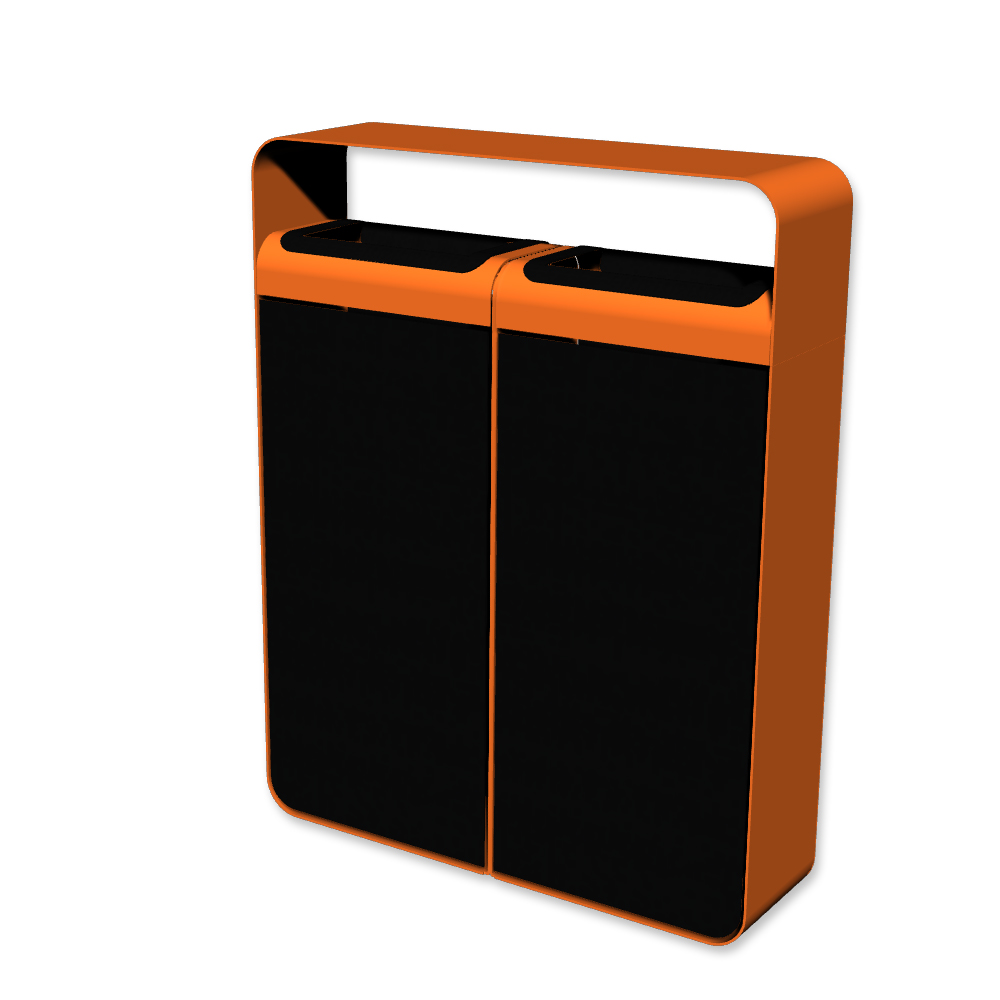 Die Abb. zeigt den Abfallbehälter I20 ohne Piktogramme, mit Farbe Rahmen Hellrotorange (RAL 2008) und Farbe Korpus Tiefschwarz (RAL 9005).