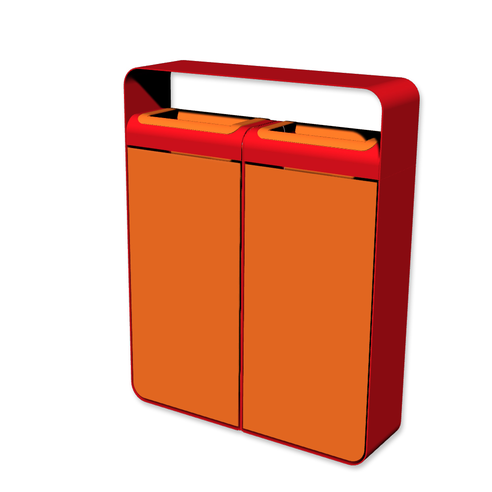 Die Abb. zeigt den Abfallbehälter I20 ohne Piktogramme, mit Farbe Rahmen Verkehrsrot (RAL 3020) und Farbe Korpus Hellrotorange (RAL 2008).