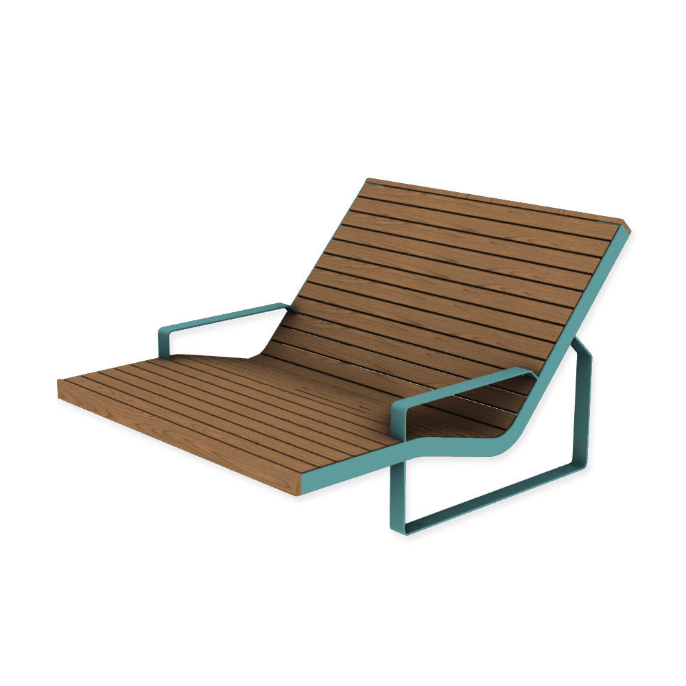Die Abb. zeigt den EGOÉ Doppel-Liegestuhl I1 mit beidseitiger Armlehne in Pastellblau (RAL 5024) mit Jatoba Natur.