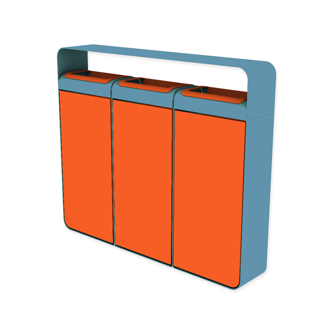Die Abb. zeigt den EGOÉ Recycling Abfallbehälter I20 mit Dach - 3x45 Liter mit Farbe Rahmen Pastellblau (RAL 5024) und Farbe Korpus Hellrotorange (RAL 2008).