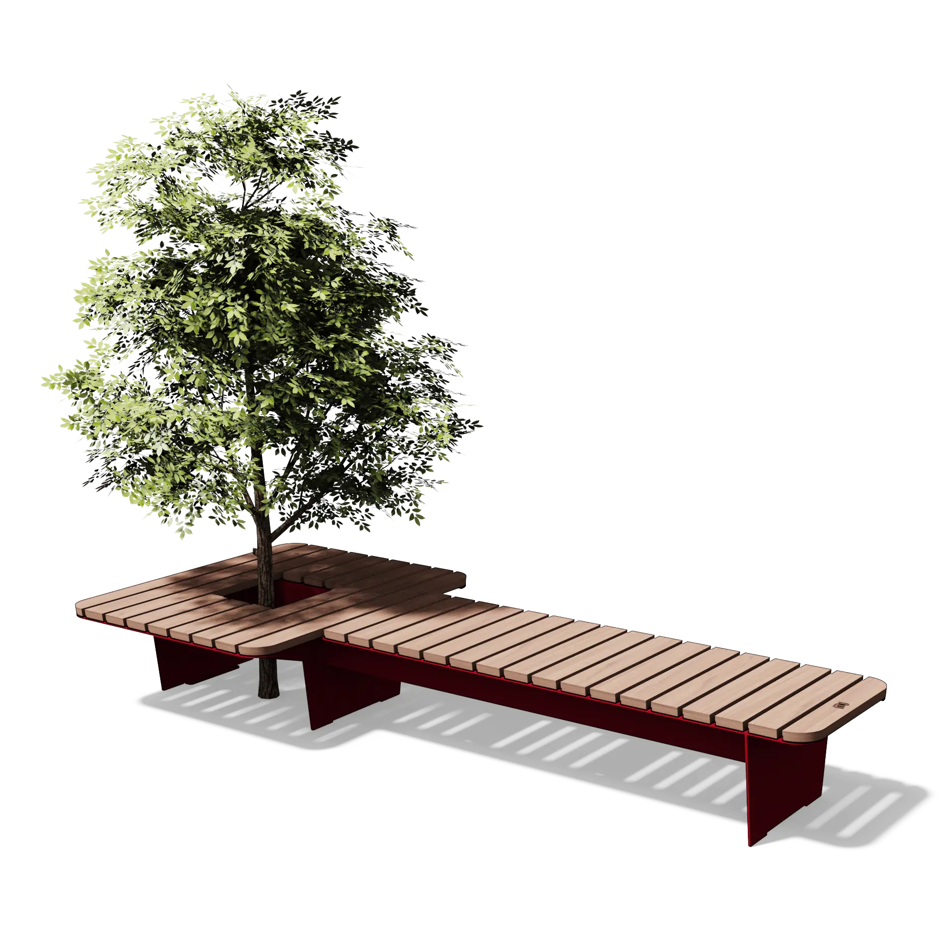 Die Abb. zeigt die EGOÉ Bank O1 in T-Form zur Bepflanzung in Jatoba Natur und Verkehrsrot (RAL 3020).