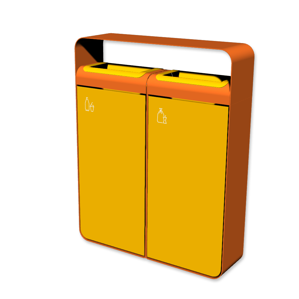 Die Abb. zeigt den Abfallbehälter I20 mit Piktogrammen Kunststoff-Restmüll, Farbe Rahmen Hellrotorange (RAL 2008) und Farbe Korpus Rapsgelb (RAL 1021).