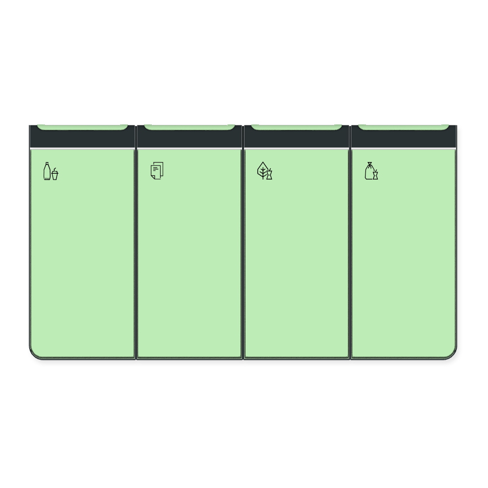 Die Abb. zeigt den EGOÉ Recycling Abfallbehälter I20 - 4x45 Liter mit Piktogrammen, Farbe Rahmen Anthrazitgrau (RAL 7016) und Farbe Korpus Weißgrün (RAL 6019).