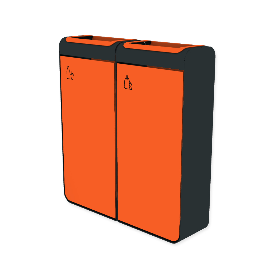 Die Abb. zeigt den EGOÉ Recycling Abfallbehälter I20 - 2x45 Liter mit Piktogrammen Kunststoff-Restmüll,  Farbe Rahmen Anthrazitgrau (RAL 7016) und Farbe Korpus Hellrotorange (RAL 2008).