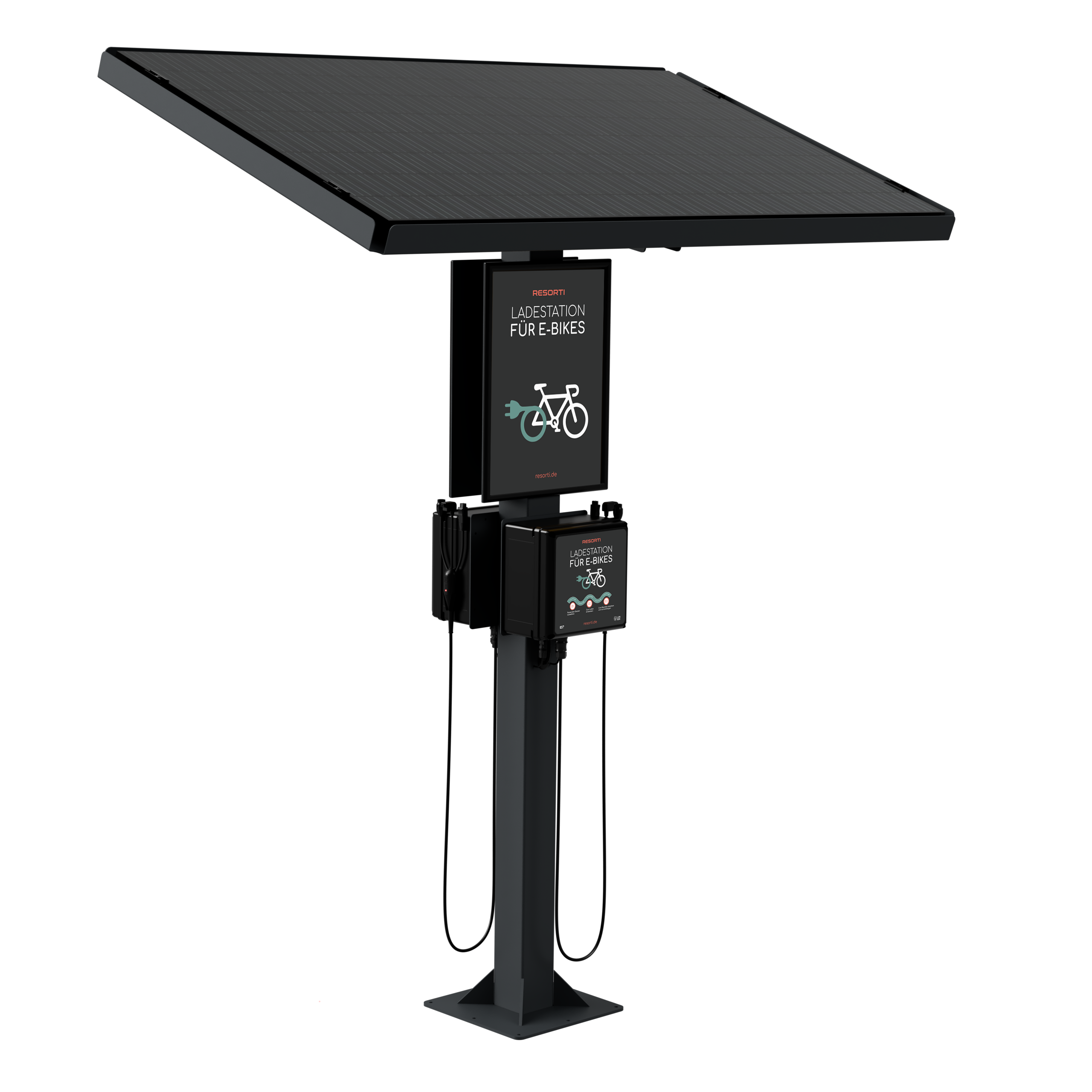 Die Abb. zeigt die RESORTI Stand Solar-E-Bike-Ladestation mit Werbetafel (Seitenansicht).