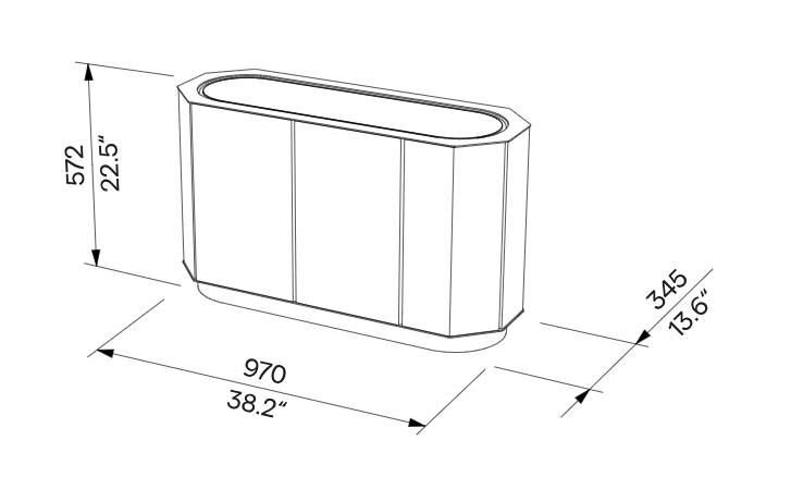 Die Abb. zeigt die technischen Daten des EGOÉ Pflanzkübels A30 aus Aluminium oval, 90 Liter.