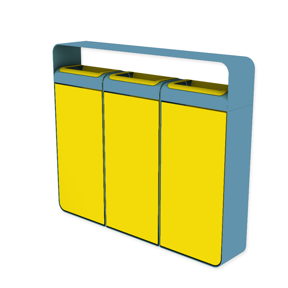Die Abb. zeigt den EGOÉ Recycling Abfallbehälter I20 mit Dach - 3x45 Liter mit Farbe Rahmen Pastellblau (RAL 5024) und Farbe Korpus Rapsgelb (RAL 1021).