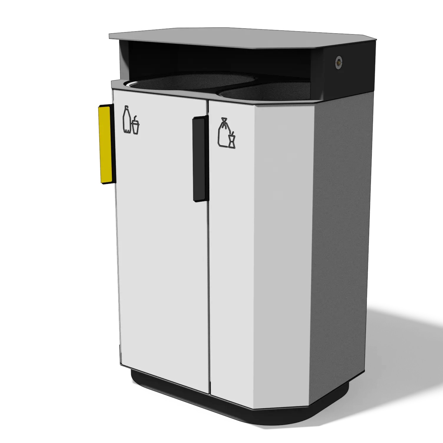 Die Abb. zeigt den Abfallbehälter A20 Aluminium mit Stahldach, oval, Verkleidung in Weißaluminium (RAL 9006) und Rahmen in Anthrazitgrau (RAL 7016).