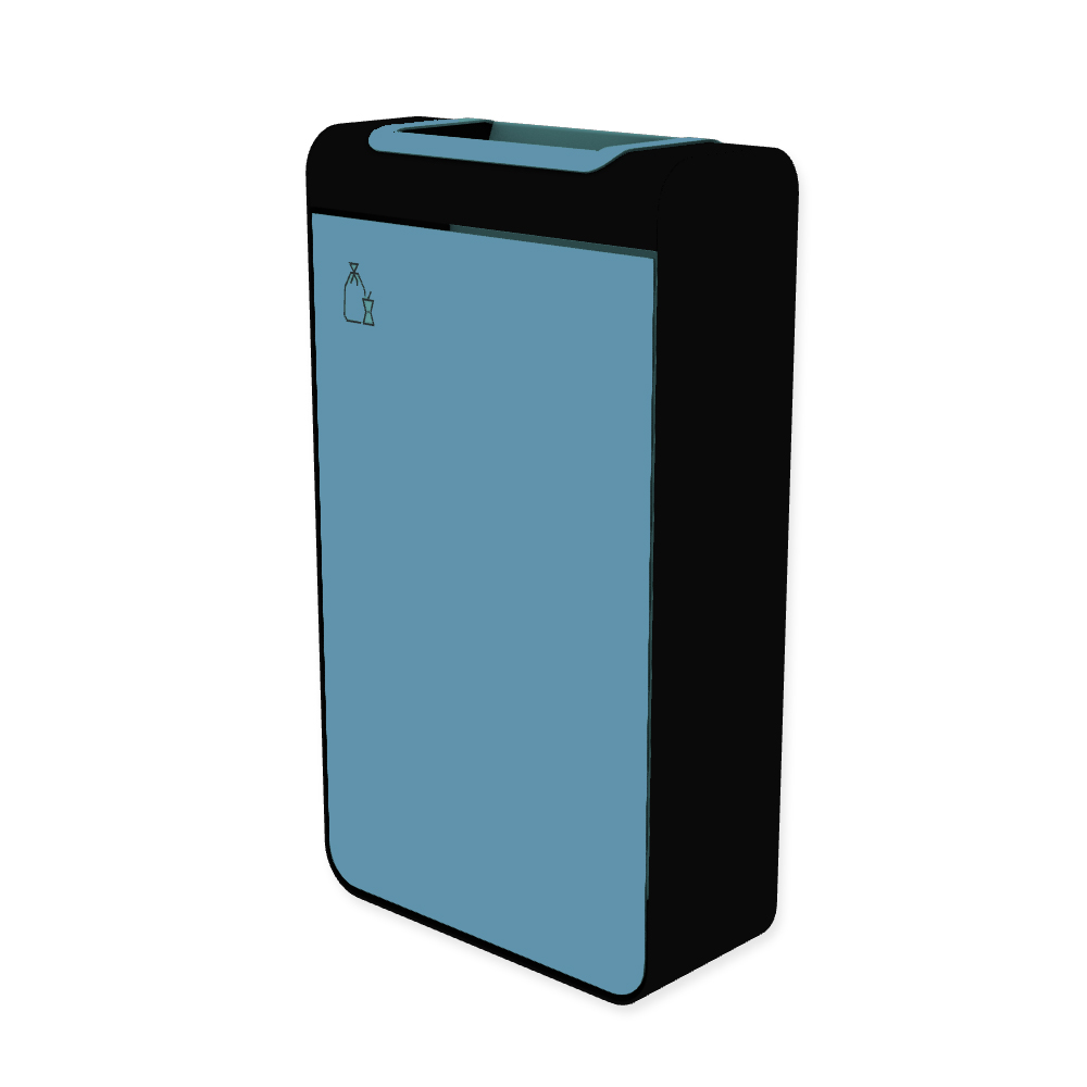 Die Abb. zeigt den EGOÉ Abfallbehälter I20 - 60 Liter mit Piktogramm Restmüll, Farbe Rahmen Tiefschwarz (RAL 9005) und Farbe Korpus Pastellblau (RAL 5024).