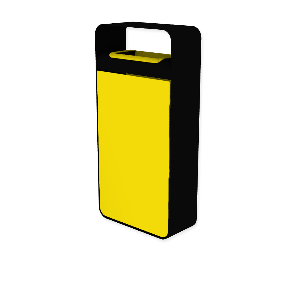 Die Abb. zeigt den EGOÉ Abfallbehälter I20 mit Dach - 60 Liter mit Farbe Rahmen Tiefschwarz (RAL 9005) und Farbe Korpus Rapsgelb (RAL 1021).