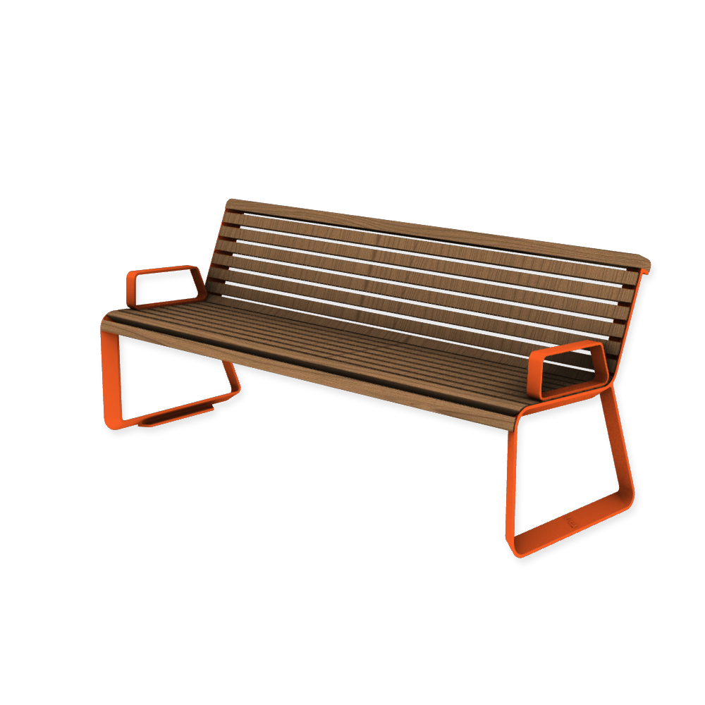 Die Abb. zeigt die EGOÉ Bank I2 profiliertes Aluminiumgestell mit Armlehnen in Hellrotorange (RAL 2008) mit Jatoba Natur.