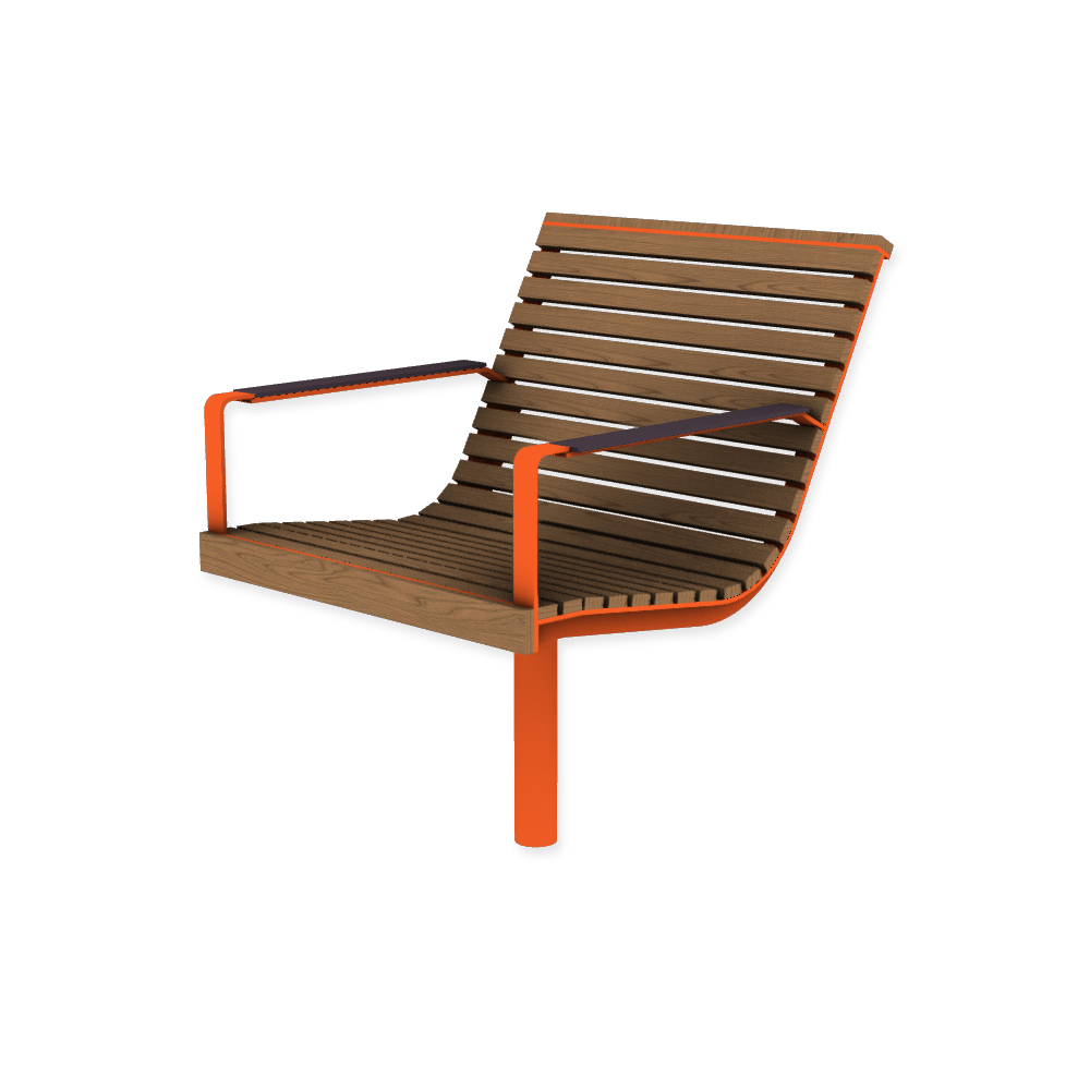 Die Abb. zeigt den EGOÉ Drehstuhl I1 zum Einbetonieren in Hellrotorange (RAL 2008) mit HPL-Besatz Armlehnen in Graphitgrau (NT 0077) und Jatoba Natur.