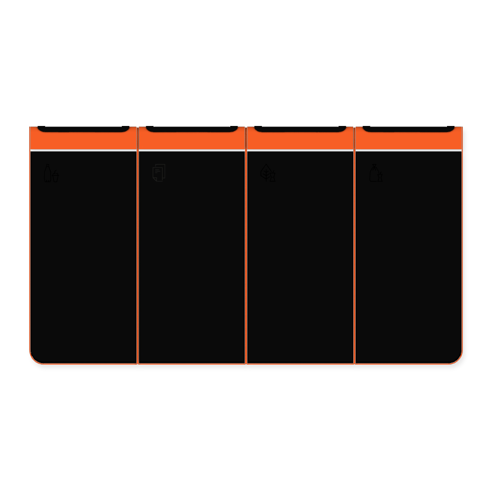 Die Abb. zeigt den EGOÉ Recycling Abfallbehälter I20 - 4x45 Liter mit Piktogrammen, Farbe Rahmen Hellrotorange (RAL 2008) und Farbe Korpus Tiefschwarz (RAL 9005).
