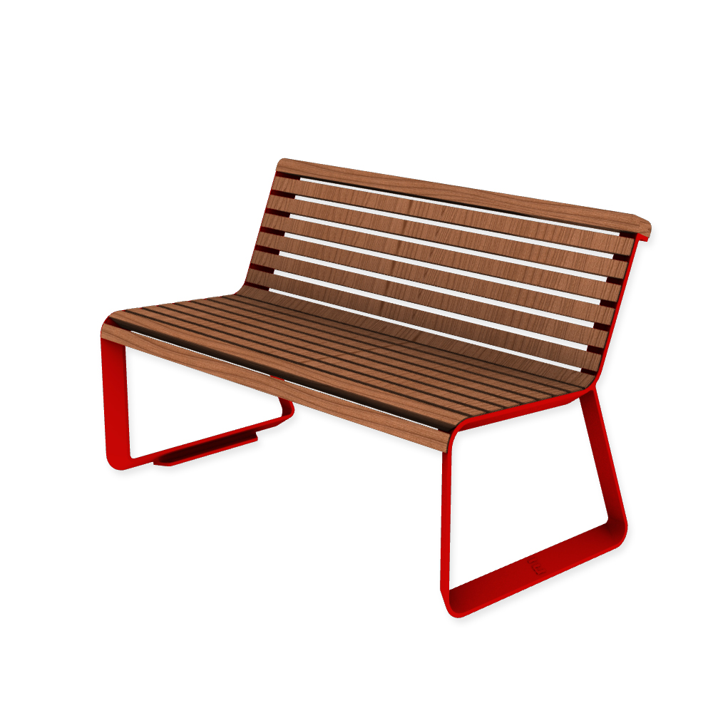 Die Abb. zeigt die EGOÉ Bank I2 profiliertes Aluminiumgestell in Verkehrsrot (RAL 3020) mit Jatoba geölt.