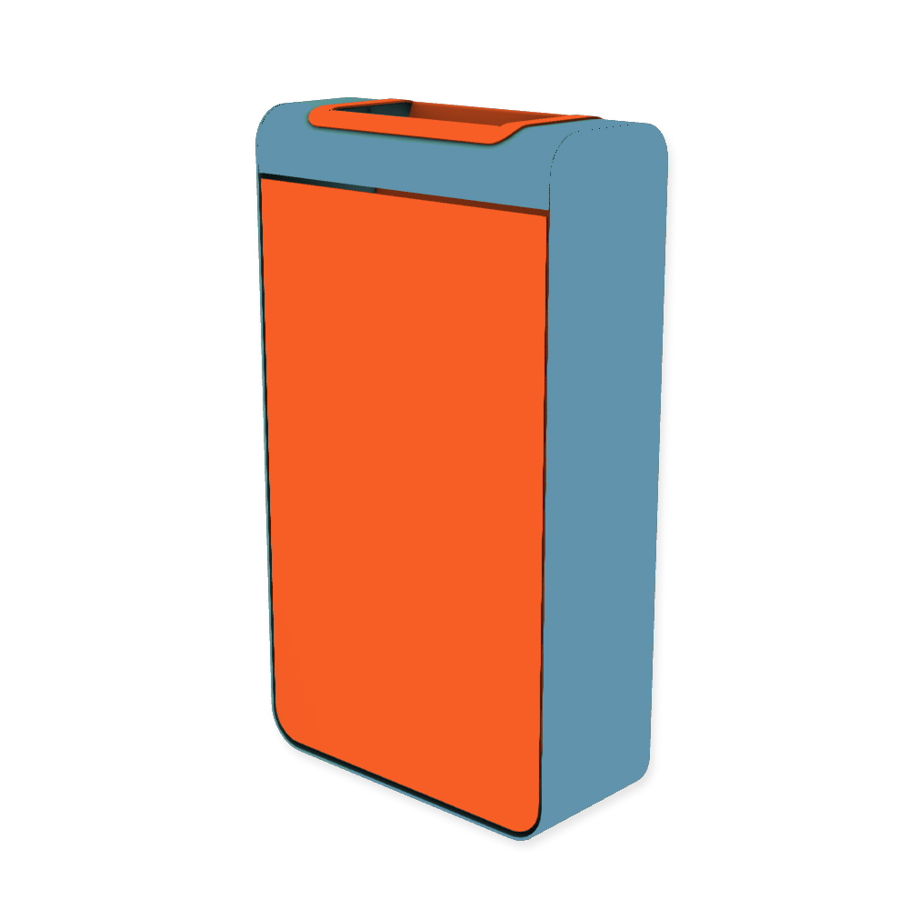 Die Abb. zeigt den EGOÉ Abfallbehälter I20 - 60 Liter mit Farbe Rahmen Pastellblau (RAL 5024) und Farbe Korpus Hellrotorange (RAL 2008).