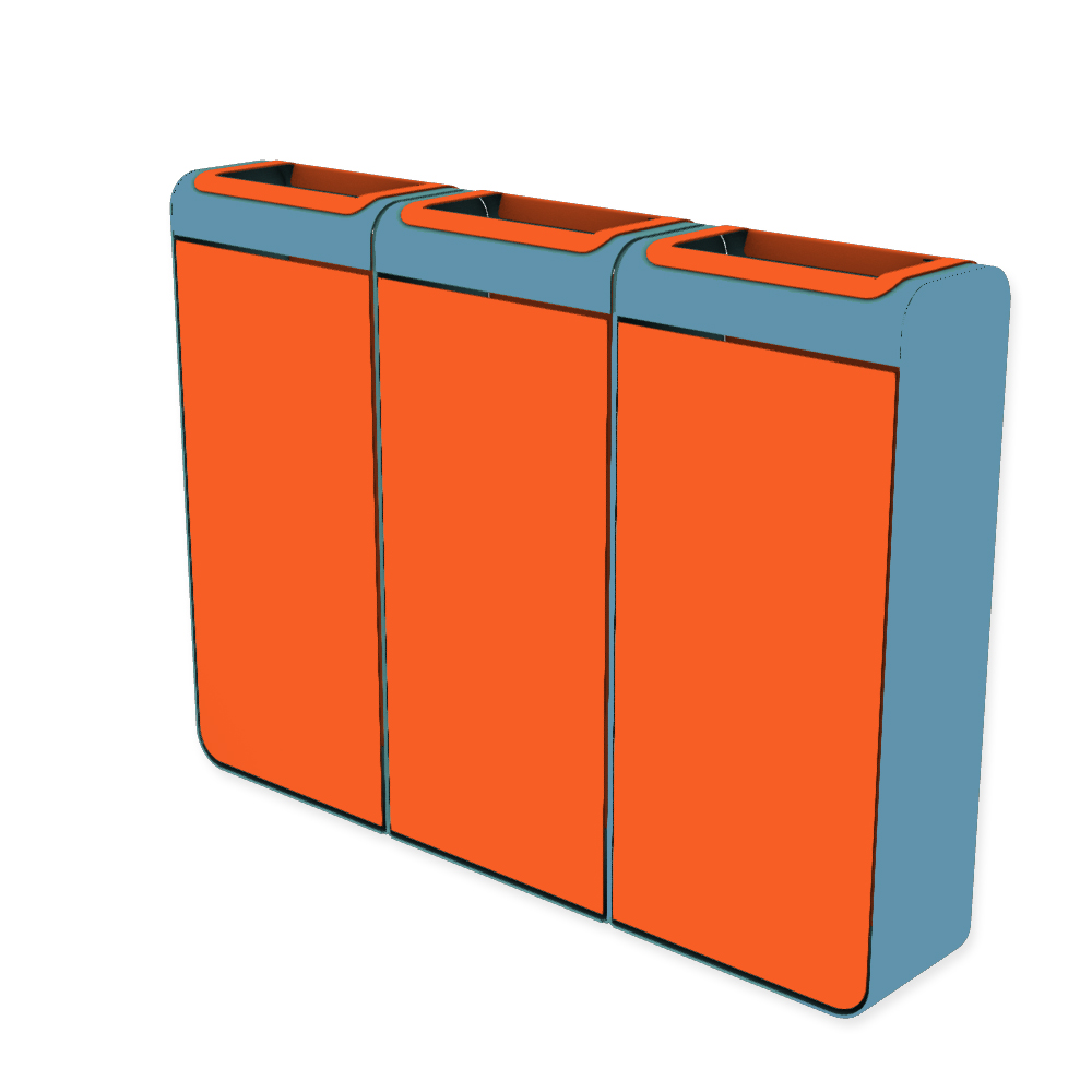 Die Abb. zeigt den EGOÉ Recycling Abfallbehälter I20 - 3x45 Liter mit Farbe Rahmen Pastellblau (RAL 5024) und Farbe Korpus Hellrotorange (RAL 2008).