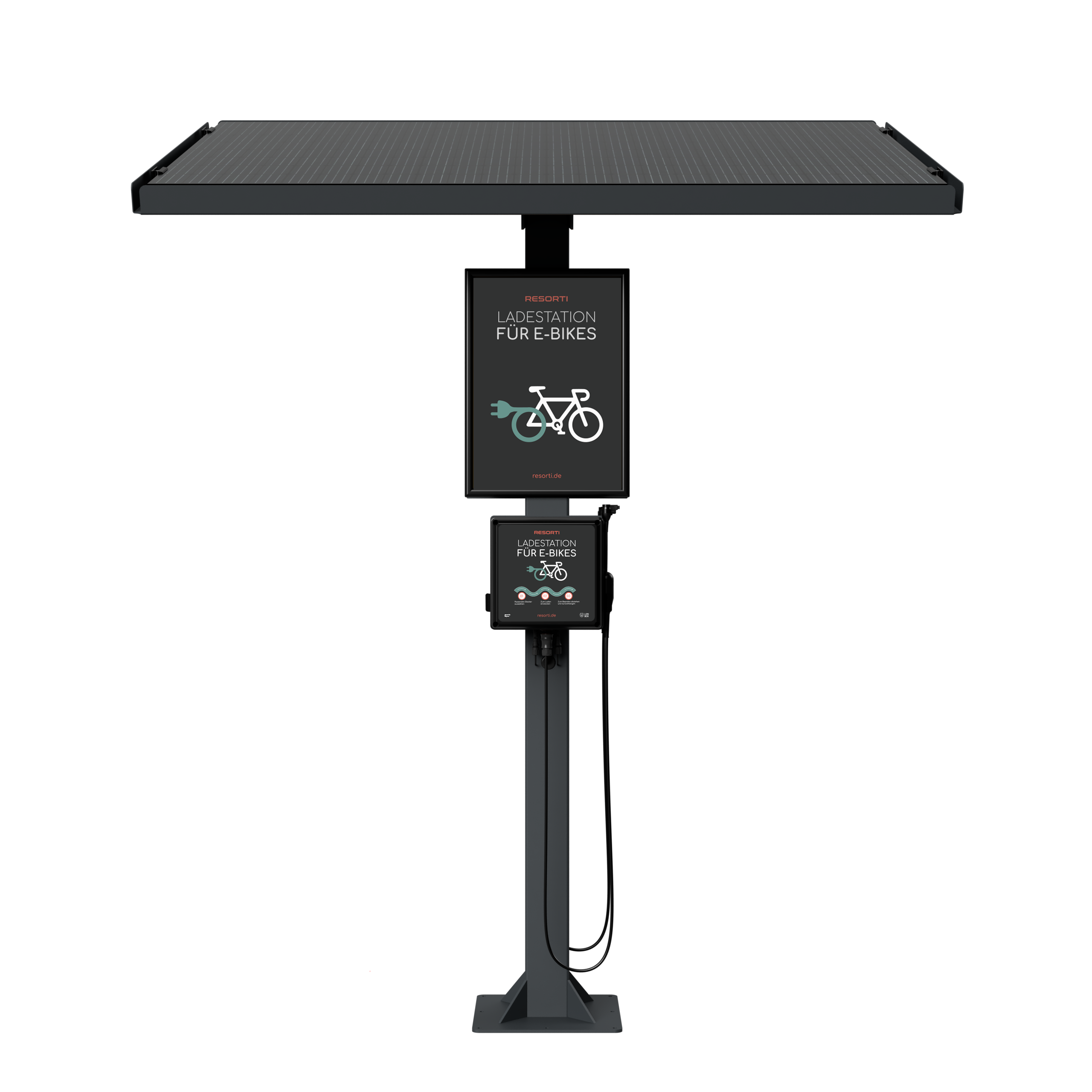 Die Abb. zeigt die RESORTI Stand Solar-E-Bike-Ladestation mit Werbetafel (Frontansicht).