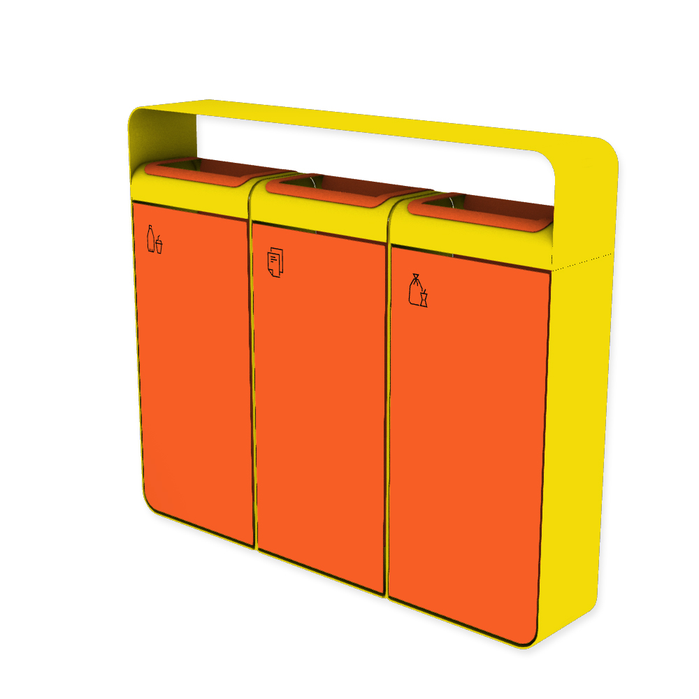 Die Abb. zeigt den EGOÉ Recycling Abfallbehälter I20 mit Piktogrammen,  Dach - 3x45 Liter mit Piktogrammen,  Farbe Rahmen Rapsgelb (RAL 1021) und Farbe Korpus Hellrotorange (RAL 2008).